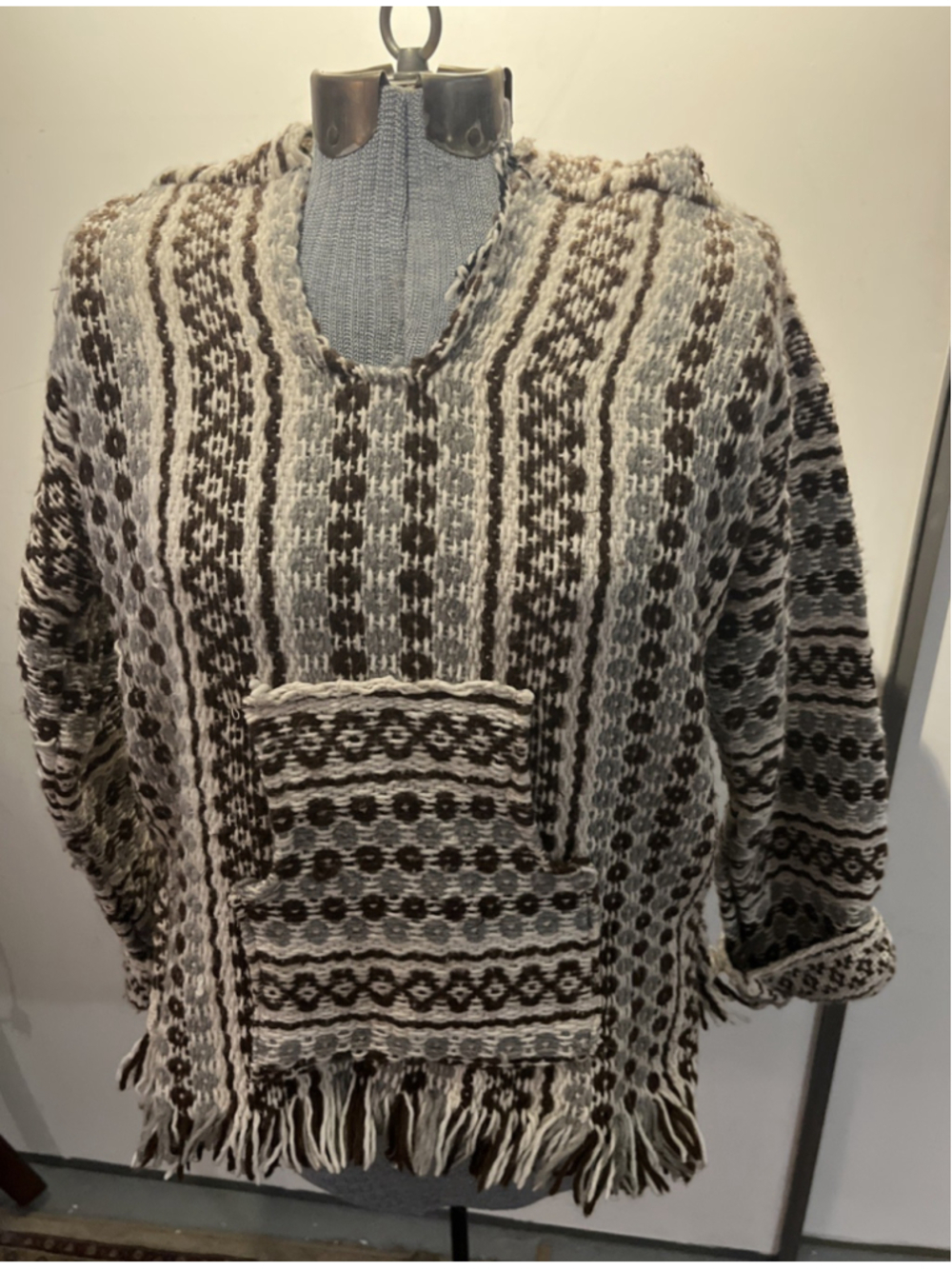 Vintage Baja Hoodie Jerga Poncho Pullover Medium Brown Gray White Fringe Hooded